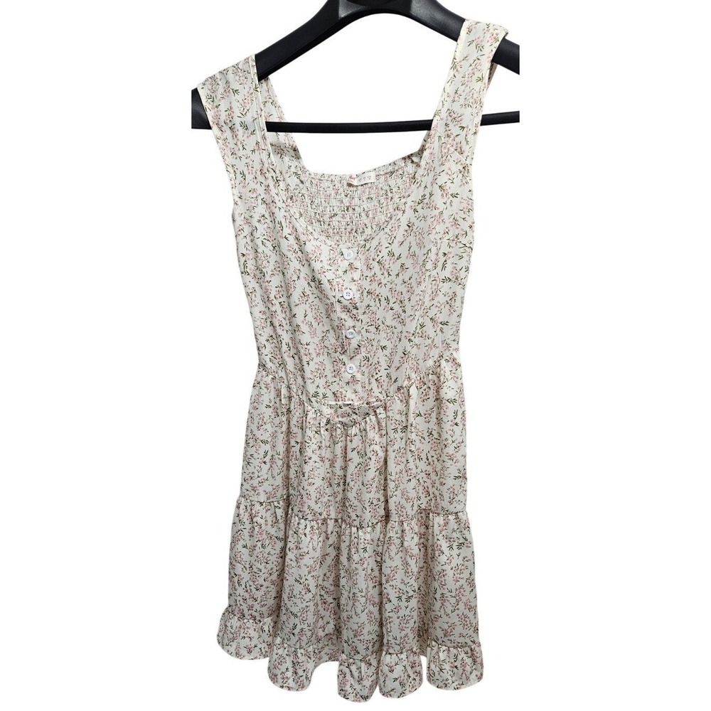 Romwe Floral Mini Dress Pink Cream Ditsy Flower Smocked Tiered Ruffle Womens S 4
